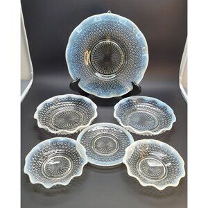 Vintage Moonstone Hobnail Glass Set Of 6 Plates and Bowls Opalescent DD01